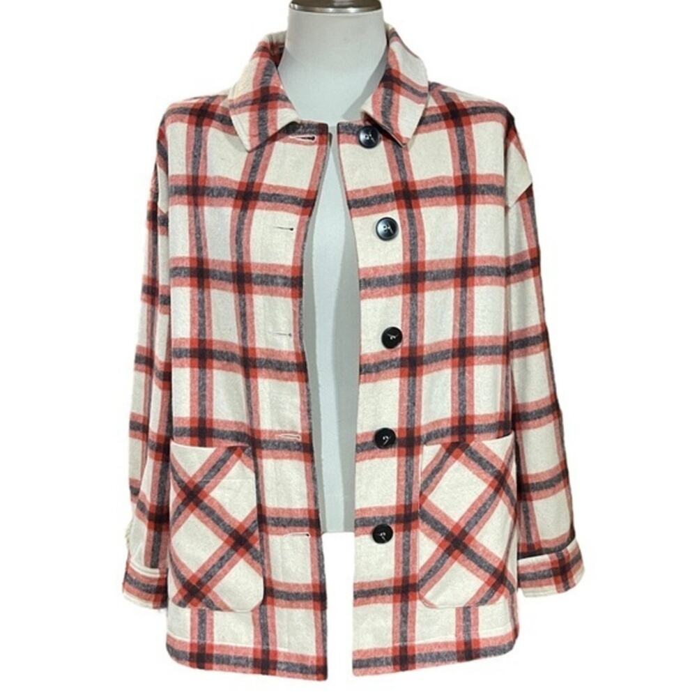 Ott Flannel Shirt Jacket‎ Oatmeal Red Black Plaid Medium / Large